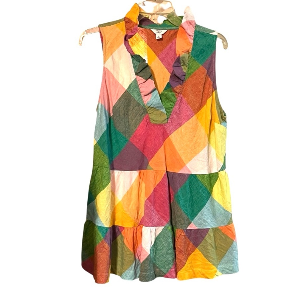 Women’s sleeveless tunic tank linen blend ruffled V-neck plaid tiered bottom Lg